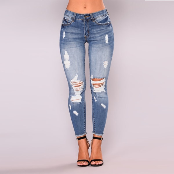 Kvinnor Hög midja Skinny Stretch Ripped Jeans Destroyed Denim Pants XL