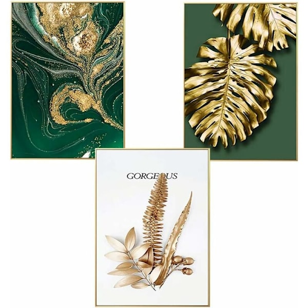 Set med 3 designväggposters med skog, guldblad, palm, oramad, väggdekor för vardagsrum - B - 30x40cm