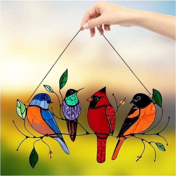 Fåglar på en tråd Betsad hög Suncatcher fönsterpanel, färgad fågelfönster H