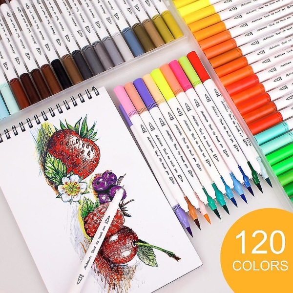 12 farver dobbeltbørste kunstmarkører, fine kuglepenne og pensler, akvareller