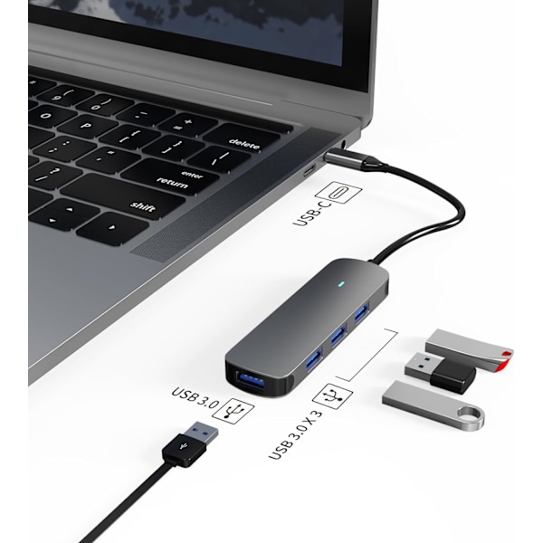 USB-C till 4X USB-A Adapter - 4-i-1 USB Splitter - USB 3.0-5Gbps Hub - USB Data Hub Kompatibel med Macbook, iPad Air/Pro, Dell XPS, Samsung och Andra