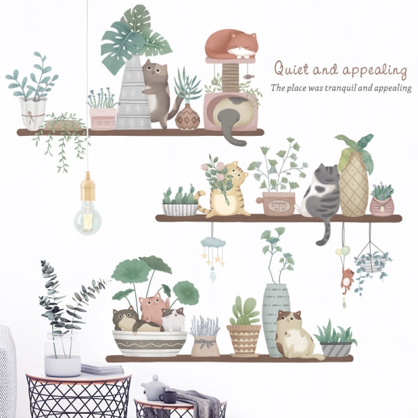 Cute Cat Flowerpot Potted Wall Stickers Decals, Removable Watercolor Green