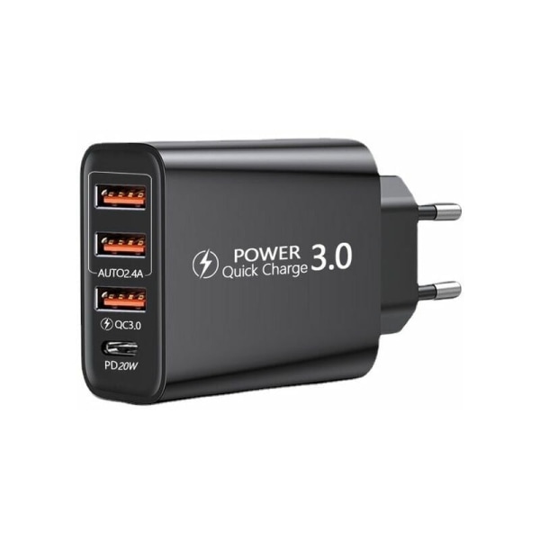 Quick Charge 3.0 USB-vegglader og USB C-kabel, QC 3.0 30W/6A 4 Port Fast