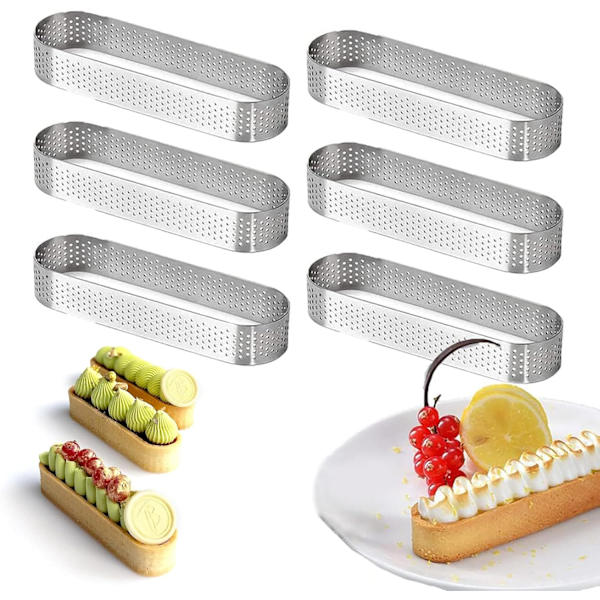 Tærteform i Ring, Sæt af 6 Rustfrit Stål Tærteforme i Oval Form, Varmebestandig, Perforeret til Mousse Kager (13 * 4.5 * 2cm)