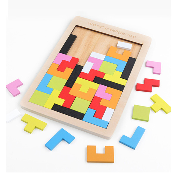 Träblock Pussel Hjärngympa Leksak Tangram Pussel Intelligens Färgglad