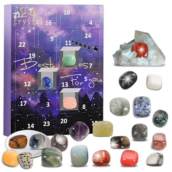 Adventskalender Stenar, 24 Dagar Naturliga Kristall Agat Sten Mineraler & Fossilier Adventskalender Kristaller Jul