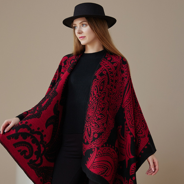 Fringed Hem Pashmina Shawl Wrap Winter Warm Ethnic Style Poncho Open Front