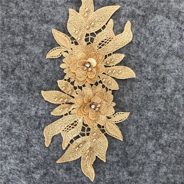 1 par 3D blonder applikation, sy på blomstperle lapper broderi blomstermotiv perler rhinestones blonder trim stof perle applikationer (Khaki)11.5*23.7cm