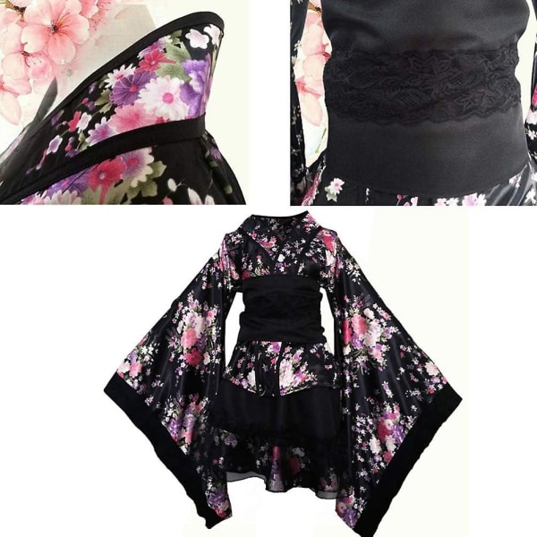 Kvinners japanske tradisjonelle korte kimono kjole floral V-hals Yukat