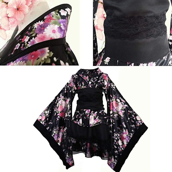 Kvinnors japanska traditionella korta kimono klänning blommig V-ringad Yukat