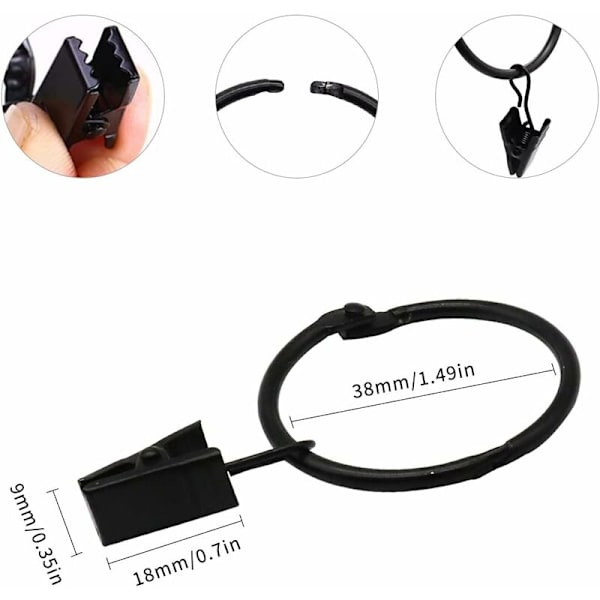 Gardinstänger, 40 stycken 38 mm gardinstång med klämmor, rostfritt stål gardinklämmor för duschdraperier, gardinstång för badrum, sovrumsfönster (svart)