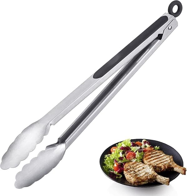 Grill- og serveringstenger med håndtak i rustfritt stål og gummigrep