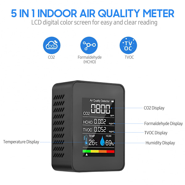 5 i 1 Luftkvalitetsmonitor TVOC HCHO Temperatur Luftfugtighed CO2 Måler, USB Genopladelig CO2 Detektor Sort