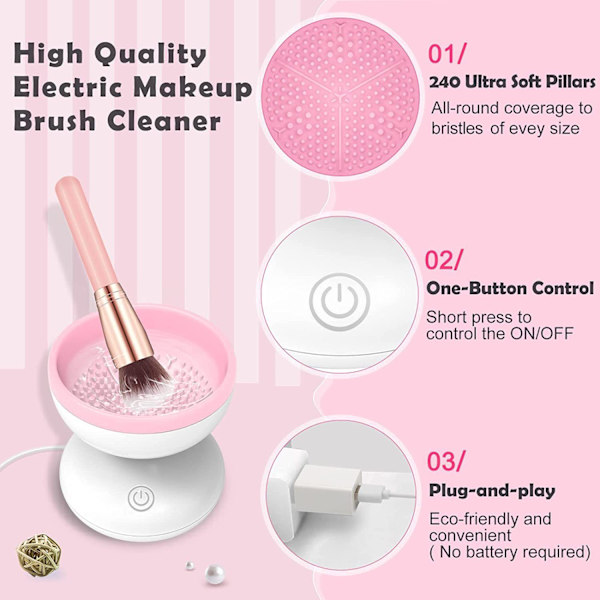 Sähköinen meikkisivellinpuhdistin, uusin malli, pesukone meikkisivellinpuhdistuskone, sopii kaikkiin kokoisiin siveltimiin, automaattinen linkouskone, meikkisivellin Beauty Blender -puhdistin (valkoinen + vaaleanpunainen)