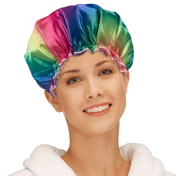 Dusjhette for kvinner med langt hår, dobbelt lag vanntett, stor størrelse, gjenbrukbar, vaskbar, ingen lukt, 1-pakning Rainbow