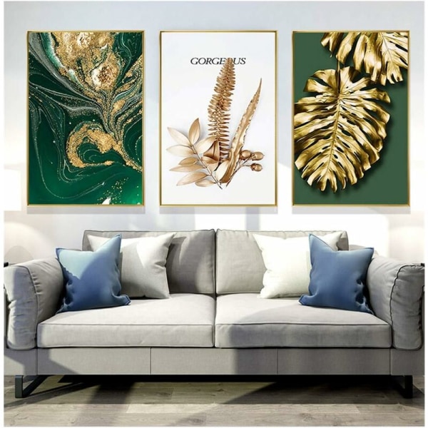 Set med 3 designväggaffischer med skog, bladguld, palm, oinramad, vägg D