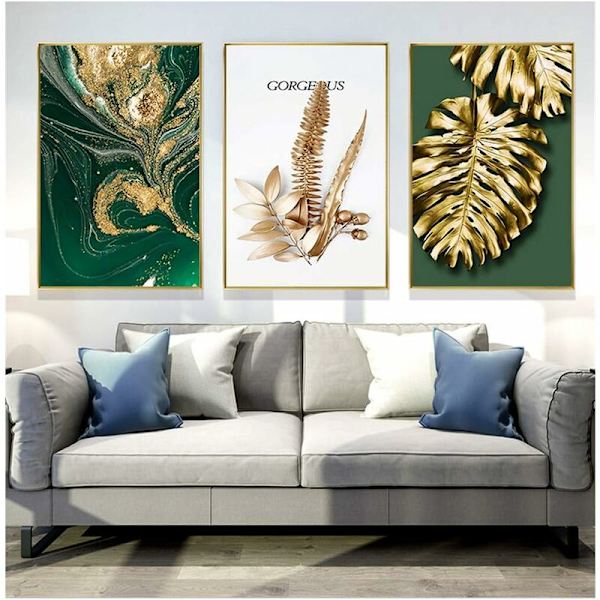Set med 3 designväggposters med skog, guldblad, palm, oramad, väggdekor för vardagsrum - B - 30x40cm