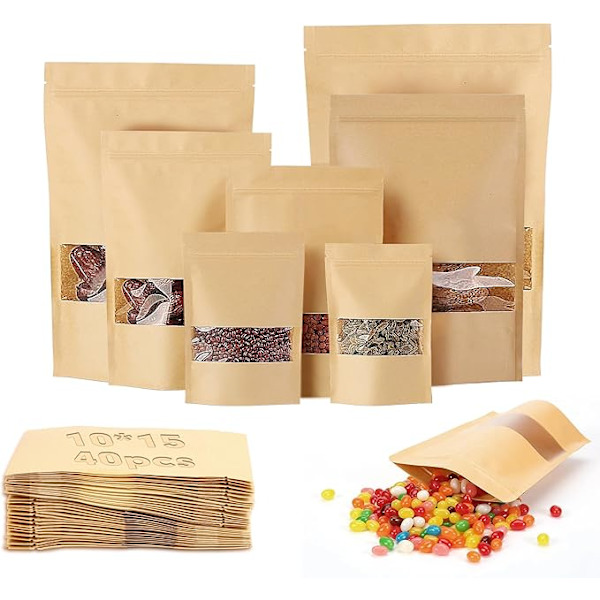 40 stycken små kraftpapperspåsar 10x15cm Återanvändbara Kraftpapperspåsar för mat Kraftpapperspåsar med dragkedja Matförpackningspåsar med transparent fönster för nötter matbönor C