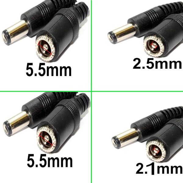 12 kpl DC-liittimiä paneeliin asennettava pistorasia 2,1 mm x 5,5 mm/2,5 mm x 5,5 mm, 12 kpl