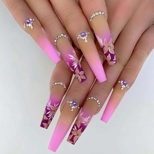 2 sarjaa Coffin Press on Nails Pink Full Cover Flower Acrylic Gradi