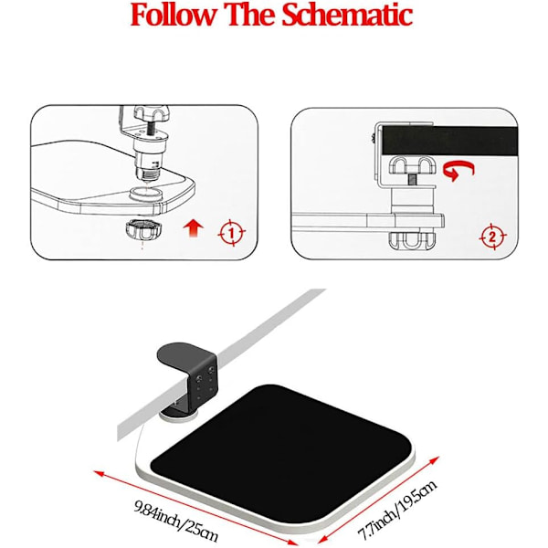 Musplattform med klämma - 360° roterande ergonomisk musmatta - Justerbar ergonomisk handledsstöd under skrivbordet - för hemmakontoret