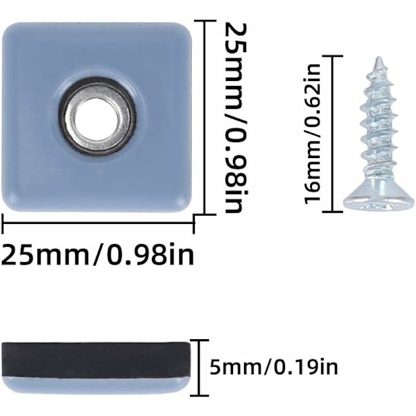 Tunga möbelglidare fyrkantiga självhäftande teflon glidare med anti-vibrationsskruvar möbelglidare blå/svart skid super glidare (16 stycken 25mm x 25mm)
