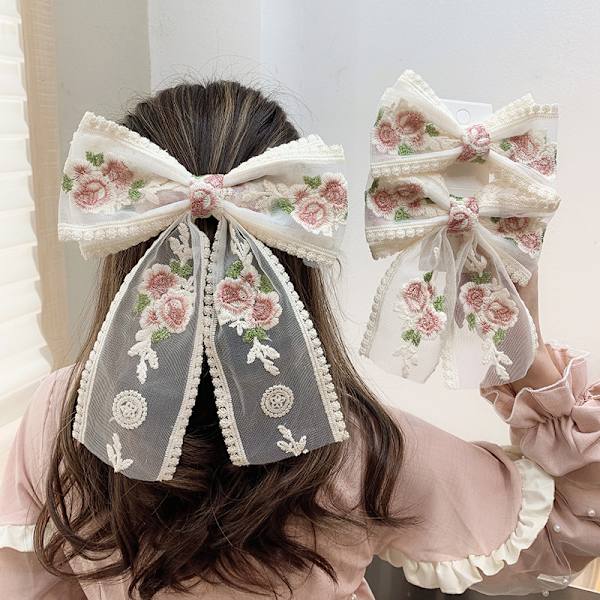 Överdimensionerad broderad blomma hårklämma för kvinnor flicka blommigt band rosett hår