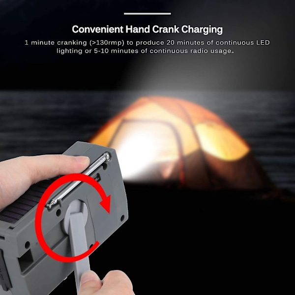 Bärbar solradio, handvevad självdriven AM/FM/NOAA-radio, 3-LED-ficklampa