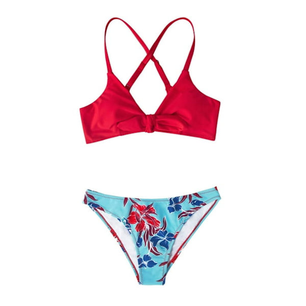 Kvinnors röda blommiga tryckta knutna bikini badkläder set, m