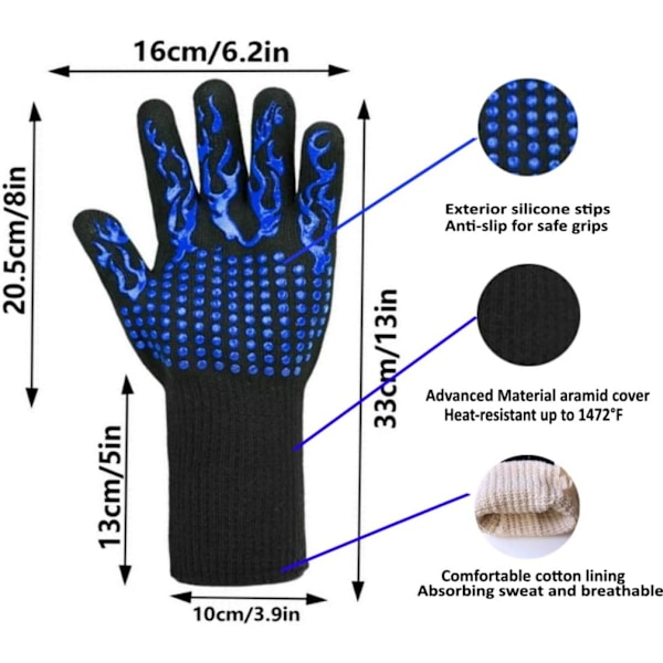 BBQ-handsker varmebestandige op til 800°C - skærefaste handsker - premium køkkenhandsker til grill, madlavning, bagning og svejsning (1 par) (blå)