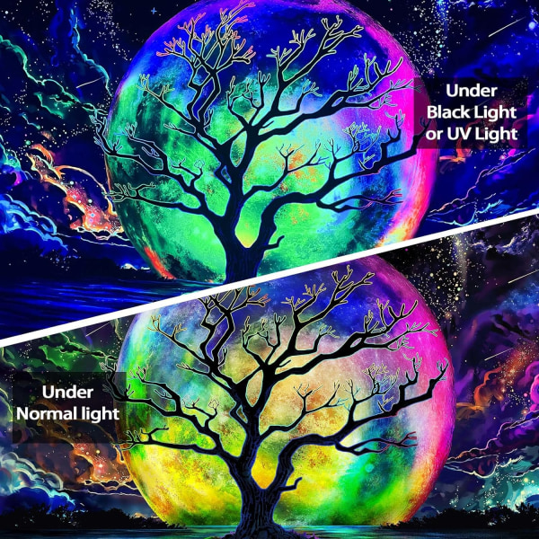 Blacklight Moon Tapestry, UV Reactive Tree Lake Colorful Starry N