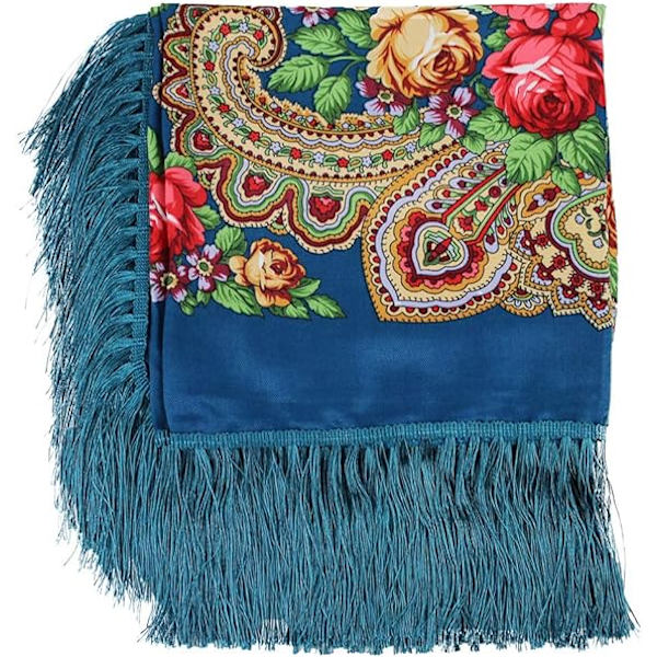 Kvinnors traditionella sjal wrap tofs sjal fransar hals huvud sjal retro sjal blommig poncho tryck sjal sjöblå färg 160*160CM