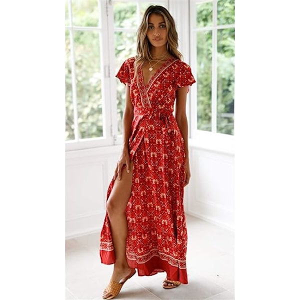 Kvinders Boho Sommer Side Slit Dyb V-hals Kort Ærme Lang Nederdel Bælte，XL