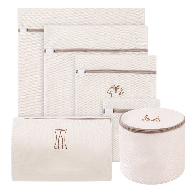 Sett med 6 mesh vaskeposer, mesh vaskeposer, beige