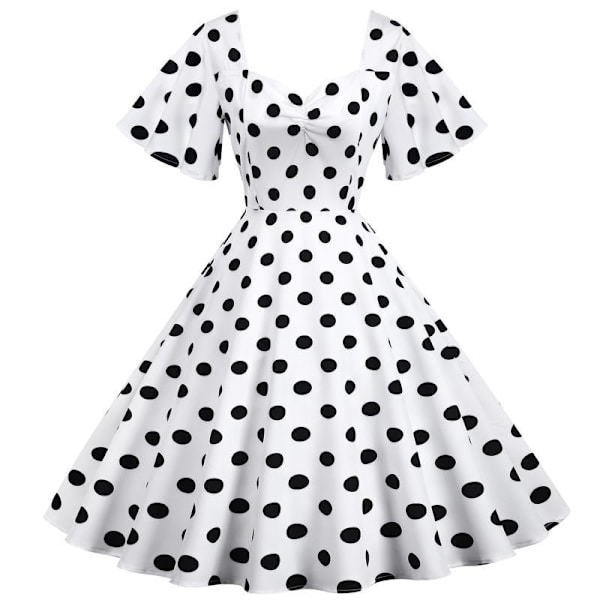 Kvinnors Retro Resestil Vågsöm Kortärmad Prickig Midjelång Fållklänning,XL