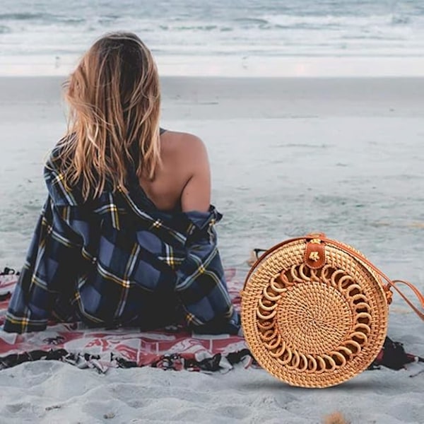 Rund Rattan Taske, Vintage Halm Flettet Taske til Damer, Håndlavede Fletkurve, Dame Skuldertaske med PU Læderrem