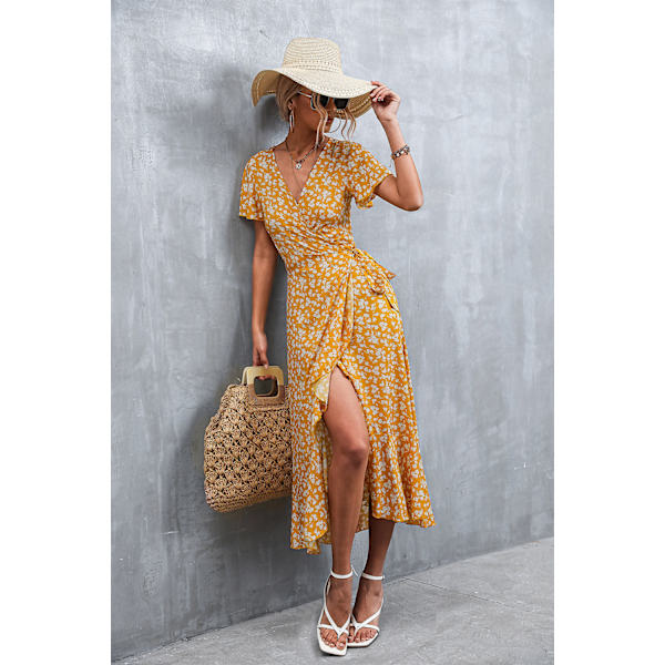Kvinders sommer wrap floral V-hals flæse korte ærmer strand midi kjole gul