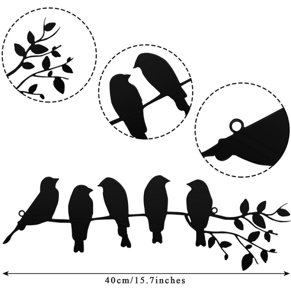 Veggmontert metallfugl veggdekor blad og fugl metallsilhuett veggmontering (svart)