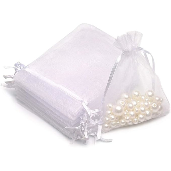 200 stk. 9*7 cm gennemsigtige organza smykkeposer med snøretræk til bryllupsfest, julegaveposer (hvid)