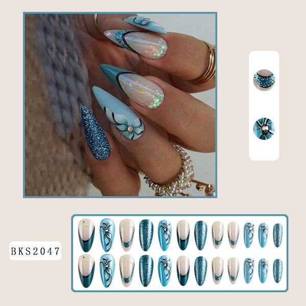 Glitter Blue Fake Nail Short Almond Press on Nails French Tips fo