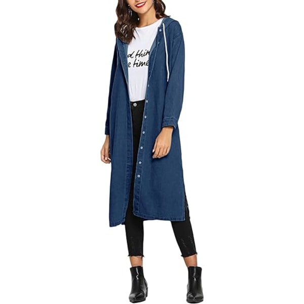 Womens Long Denim Jacket Oversized Drawstring Hooded Midi Jean Jacket, STORLEK