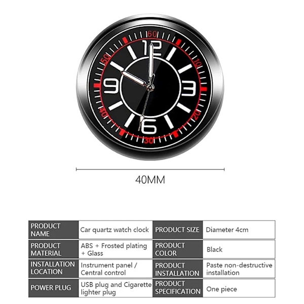 Lysende Elektronisk Kvartsur Bilpynt Ornament Mini Bil Interiør Dekoration Ur, USB Stik