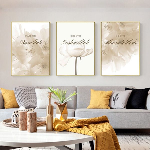 3 kappaletta islamilaisia kuvakultakalligrafia kukkajulisteita Modernit 30x40cm Lainausjulisteet Canvas ilman kehystä Täydellinen lasten sisustukseen
