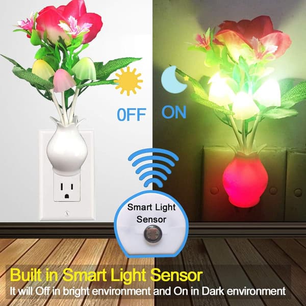 [2 Pakk] Plug-in Blomster LED Sopp Nattlys Lampe med Skumring til Daggry Sensor