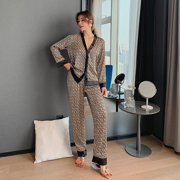 Dame Pyjamas Set V-hals Design Luksus Kryss Bokstav Trykk Nattøy Silke