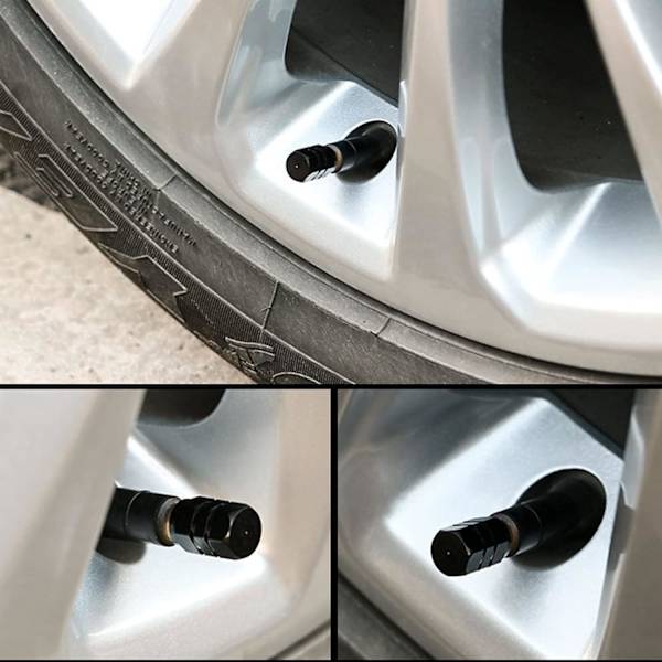 8 stk. dækventilhætter i aluminiumlegering, sølv/sort, 16*9 mm
