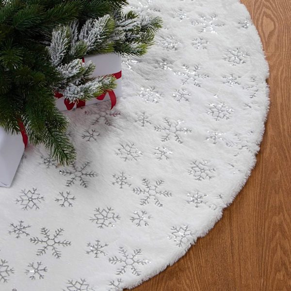 122 cm Joulukuusen Helma, Pyöreä Valkoinen Joulukuusen Matto, Pehmeä Joulukuusen Matto Hopeisilla Lumikiteillä, Joulukuusen Koristelu Matto