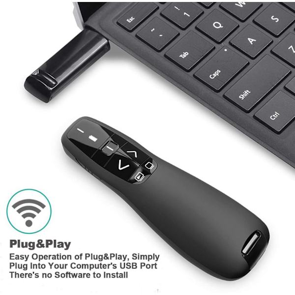 Langaton esityslaite, esityslaitteen osoitin, hyperlinkki, äänenvoimakkuuden säätö, USB-esitys