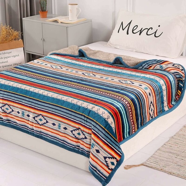 Fleece tæppe 127X152cm, ternet blåt Sherpa blødt mikrofiber tæppe, blødt og