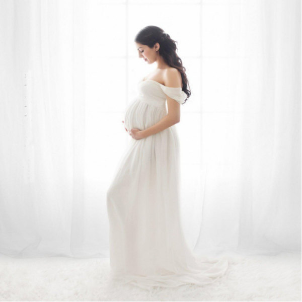 Gravidklänning kompatibel Fotografering Off Shoulder Chiffong Klänning Delad Fram Maxi